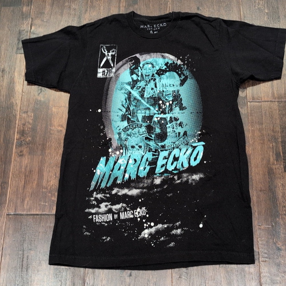 Marc Ecko‎ Cut & Sew Black Blue Texture Print Graphic T Shirt Mens Medium Grunge